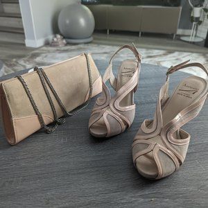 Duo suede and leather tan and rose shoes with the matching clutch